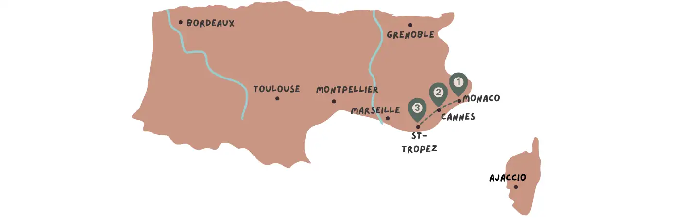 Map of Provence-Alpes-Côte d'Azur regions including French Riviera and Monaco