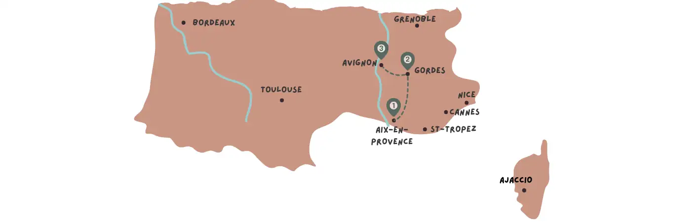 Hand-drawn map of a luxury Provence and French Riviera itinerary in southern France highlighting Avignon, Gordes, Aix-en-Provence, Nice, Cannes, Saint-Tropez, Bordeaux, Toulouse, Grenoble and Ajaccio in Corsica for bespoke France vacations.