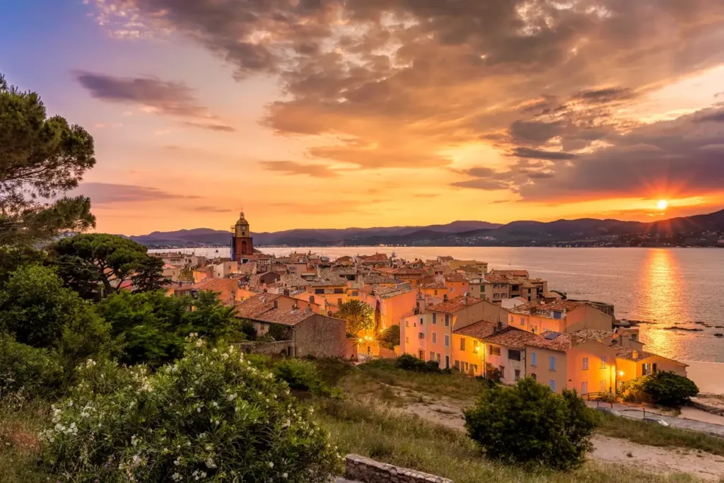 Golden sunset over Provence lavender fields and rolling countryside