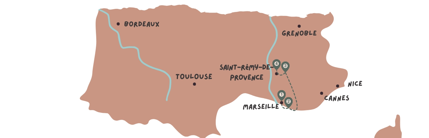 Illustrated travel map of Southern France highlighting a bespoke itinerary route from Marseille to Saint-Rémy-de-Provence