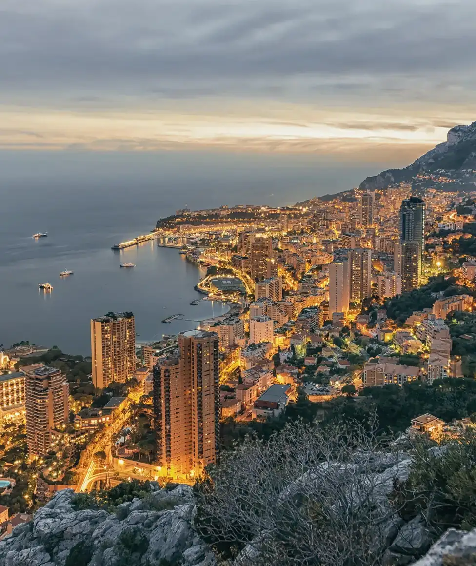 Stunning sunset aerial view of Nice and the Baie des Anges on the Côte d'Azur