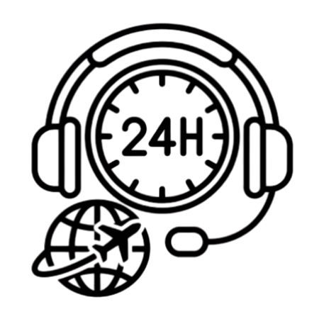Icon representing 24-hour customer support with a headset and 24H text