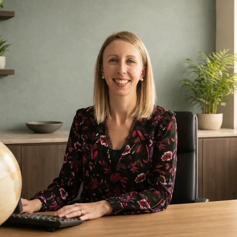 Nicola, Co-Founder of Olea Voyages, seated at her desk planning bespoke luxury trips to France