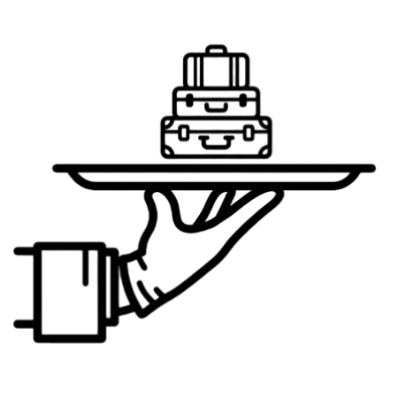 Line art icon of a hand holding a tray with a car key and luggage