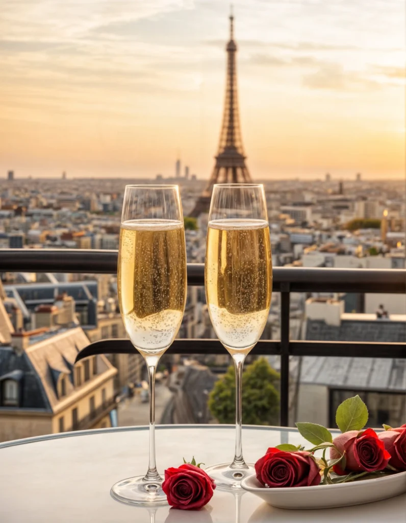 Two champagne flutes on a Paris rooftop terrace with the Eiffel Tower at sunset and red roses on the table.