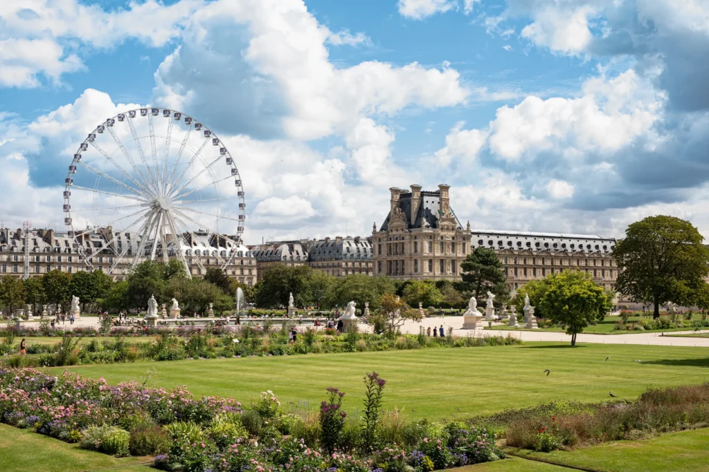 The Luxembourg Palace viewed across a colorful flower garden in Paris