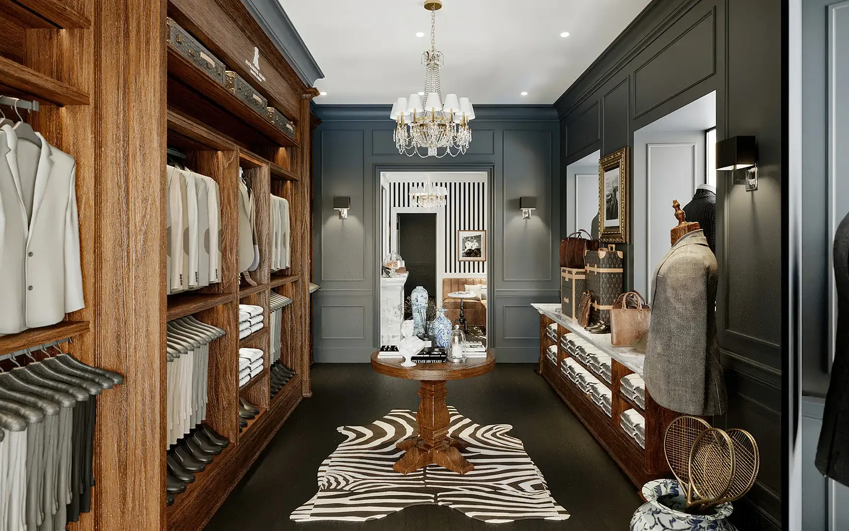 Interior of a luxury menswear flagship store with bespoke wooden cabinetry, zebra print rug, and crystal chandelier.
