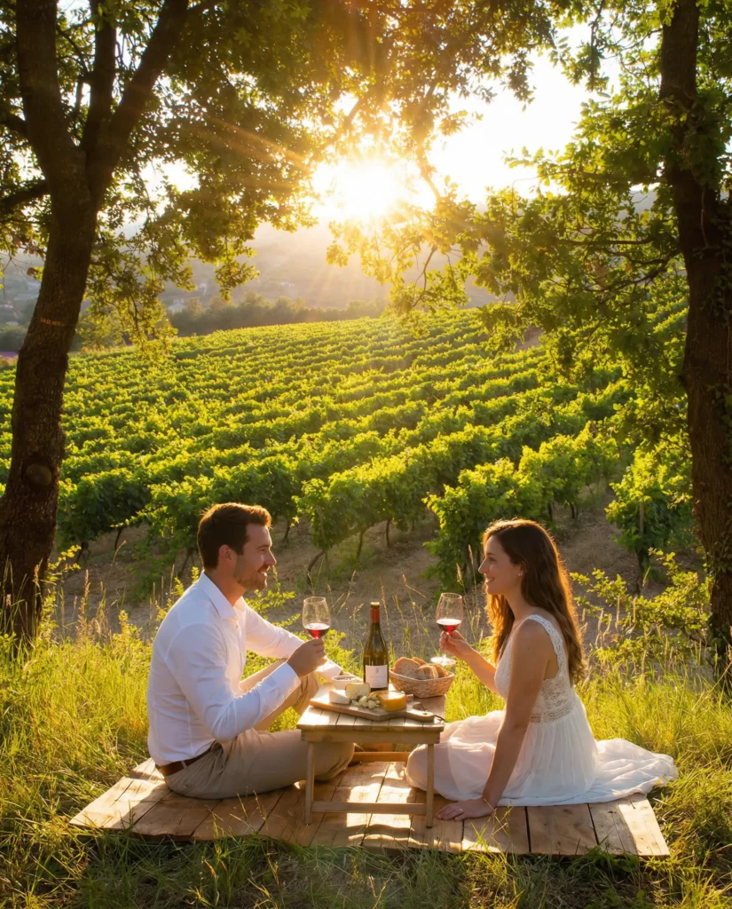 A couple enjoying a romantic wine tasting picnic in a sun-drenched vineyard at sunset.