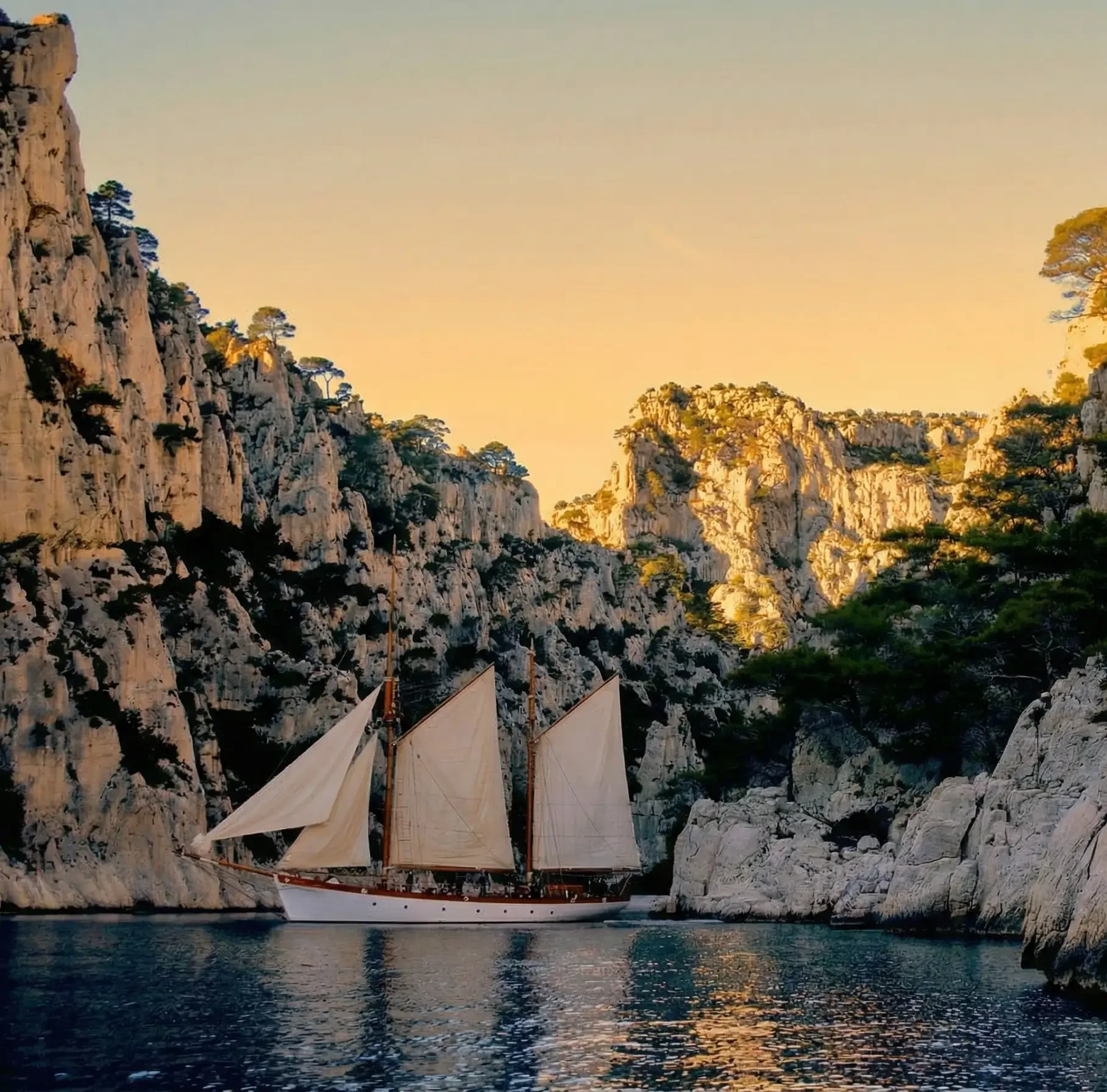 Classic wooden sailboat navigating the turquoise waters of the Calanques de Cassis cliffs