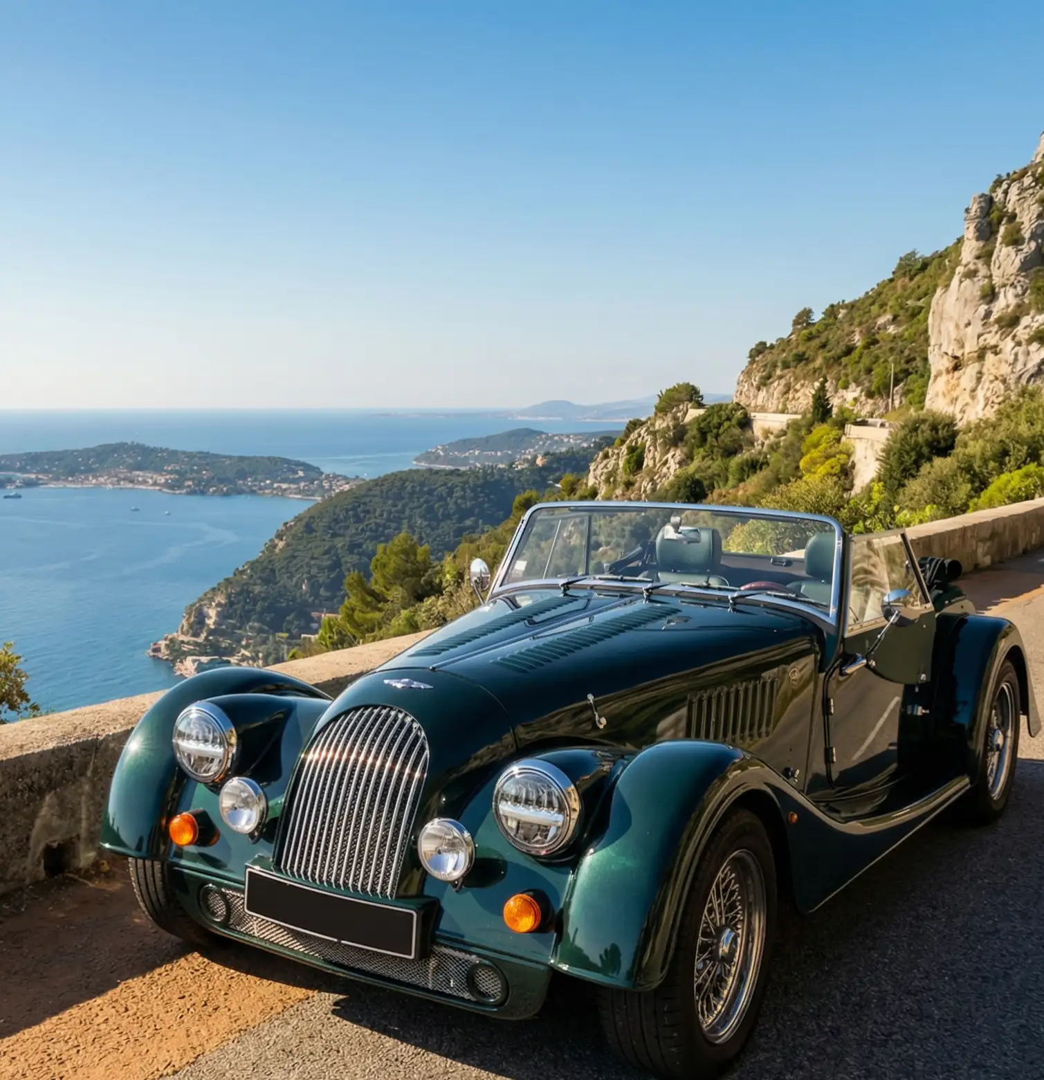 Vintage convertible driving along the Eze coastal road on the French Riviera
