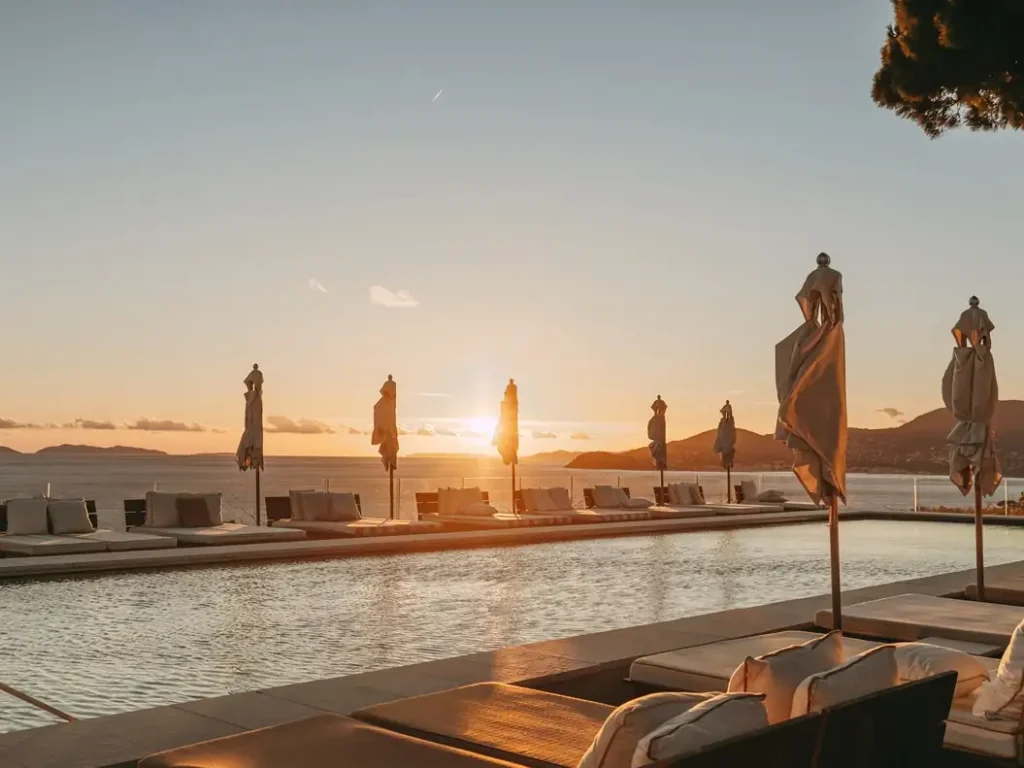 Sunset view over the Bay of Saint-Tropez from Lily of the Valley hotel