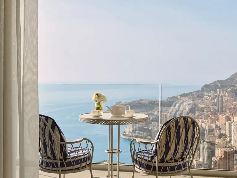 Panoramic sunset view over the Mediterranean coastline from the Maybourne Riviera in Roquebrune-Cap-Martin