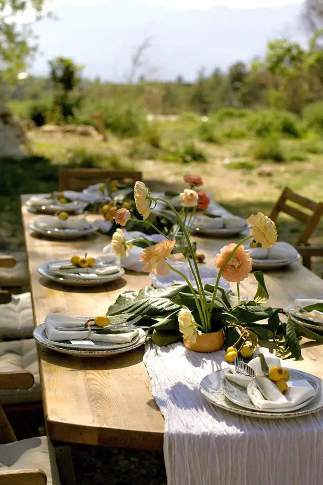 Elegant outdoor table set with refined dishes in a leafy Provence garden