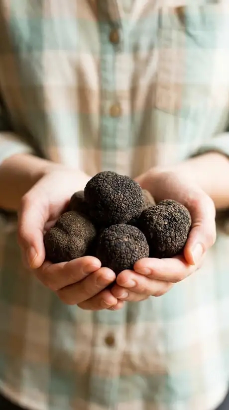 Cupped hands holding fresh black truffles against a soft natural backdrop in Provence