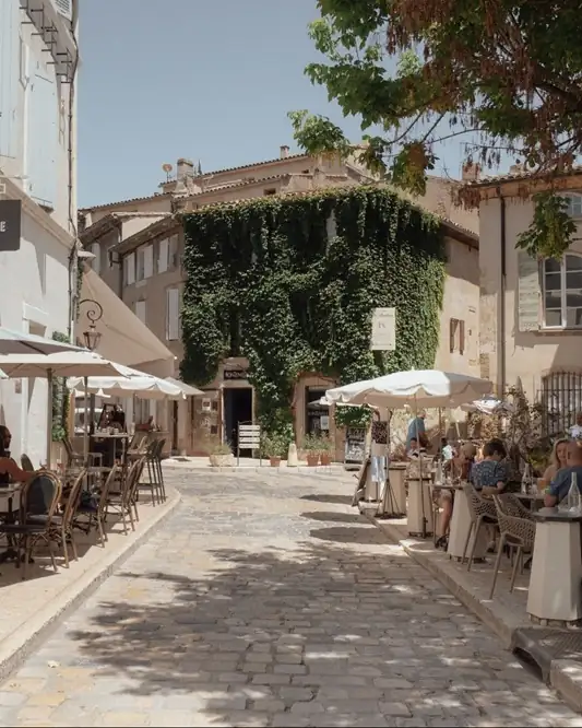 Charming cobblestone street lined with cafes and greenery in Lourmarin, Provence