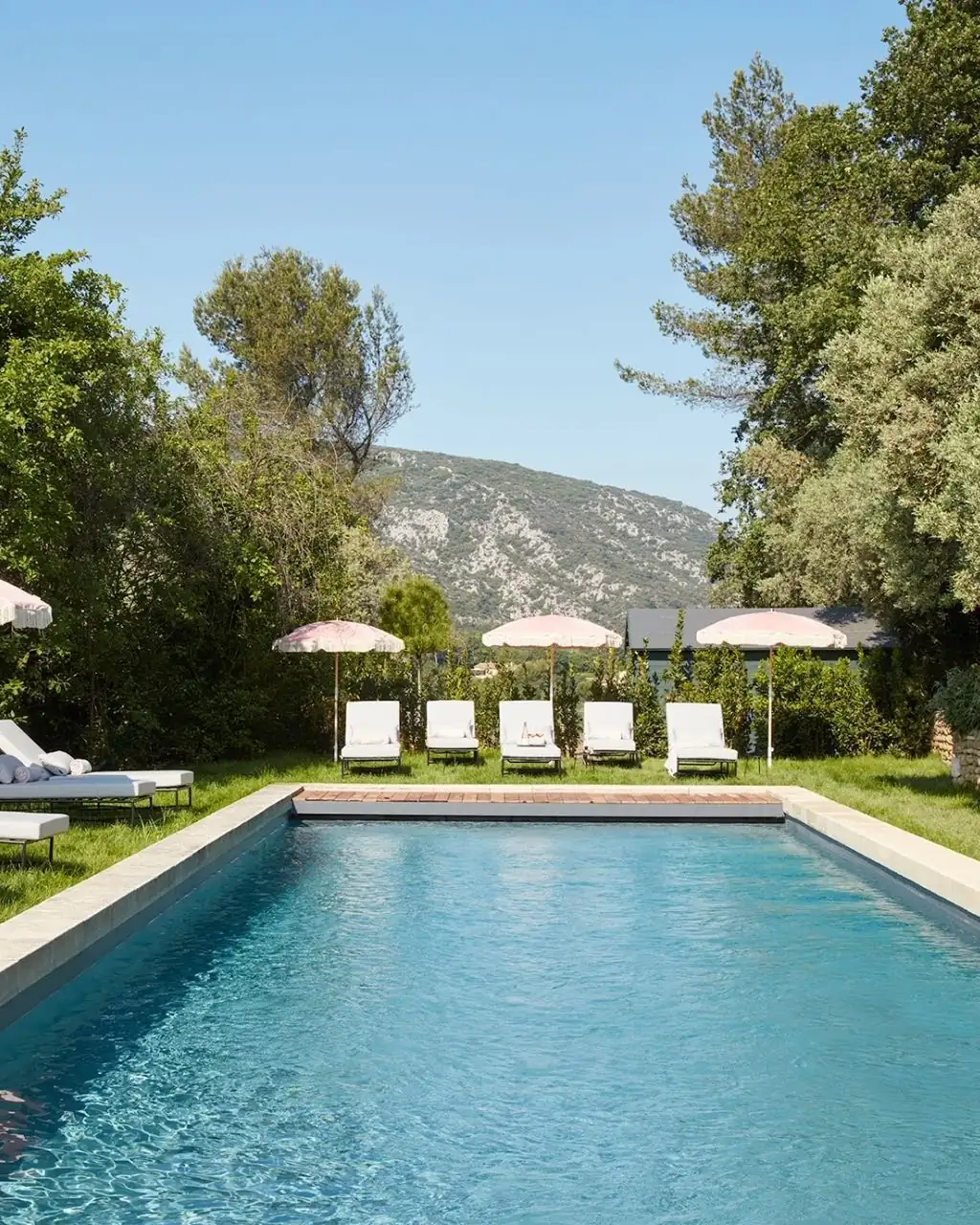 Inviting swimming pool framed by tall trees at a luxury Provence villa
