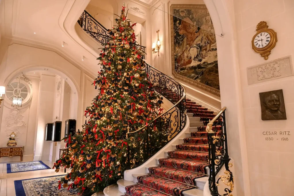 Luxury Christmas tree decorating the grand lobby of the Ritz Paris