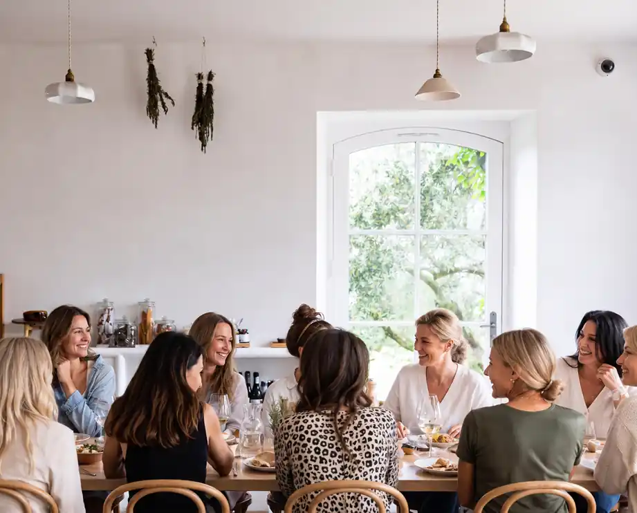 Women gathered around a long table sharing a meal in a bright farmhouse dining room during a retreat