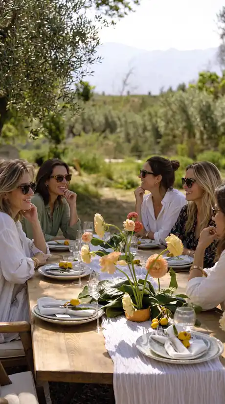 Women enjoying an outdoor lunch at a table decorated with lemons amid an olive grove in Provence