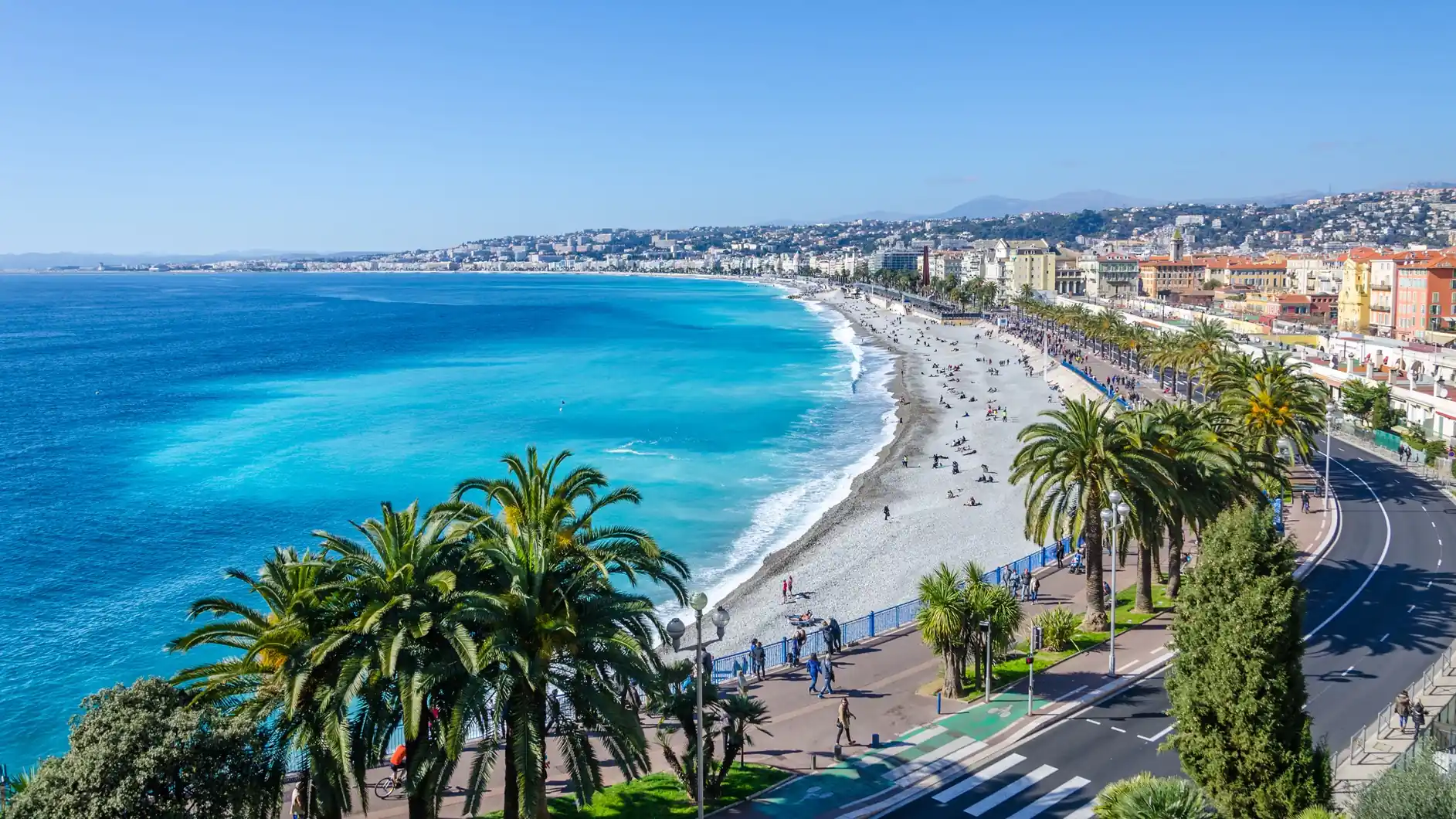 Aerial view of the Promenade des Anglais and turquoise coastline in Nice, French Riviera