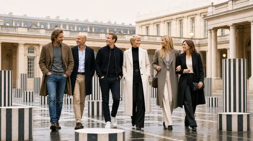 Elegantly dressed travelers walking past classic French Riviera architecture and columns